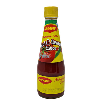 A bottle of Maggi Hot & Sweet Sauce with a yellow label, predominantly red sauce visible inside the clear bottle, against a white background.